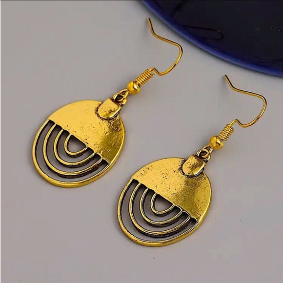 Vintage Gold Metal Geometry Circle Dangle Earrings New - Picture 5 of 6